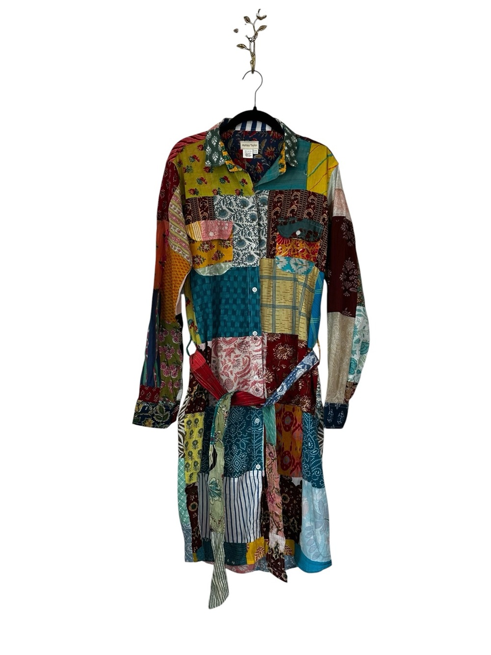 Ashley Taylor Women Patchwork Long Shirt Dress Tie Belt Kimono Boho Craftcore